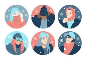 définir la collection de personnages d'avatar d'hiver. illustration de dessin animé coloré. vêtements chauds de mode moderne. chute de neige. icône de neige. vecteur