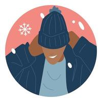 portrait de personnage d'avatar d'hiver. homme afro-américain portant un bonnet. illustration de vecteur de dessin animé coloré homme noir souriant. vêtements chauds de mode moderne. chute de neige. icône de neige.