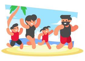 illustration de la famille en vacances d'été, jouant sur la plage, parents, garçon et fille. vacance. des loisirs. mer. maillot de bain. style de vecteur plat