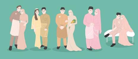 personnages de couple de mariage musulman, mariée et marié dans un style musulman. vecteur