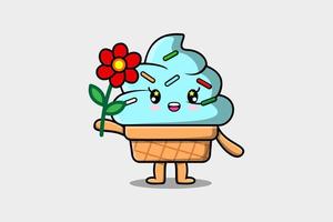 personnage de dessin animé mignon de crème glacée tenir une fleur rouge vecteur