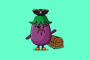 pirate d'aubergine de dessin animé mignon avec boîte au trésor vecteur