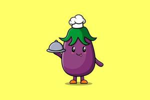 mignon dessin animé chef aubergine servant de la nourriture sur un plateau vecteur