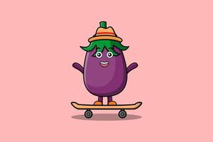 mignon, dessin animé, aubergine, debout, sur, planche à roulettes vecteur