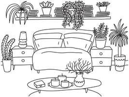 illustration vectorielle de page de coloriage intérieur de chambre à coucher. coloriage confortable avec intérieur de la chambre et plantes vecteur