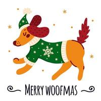 mignon chien de noël dans un pull chaud, chapeau. chiot teckel en cours d'exécution dans une veste décorée de flocons de neige. joyeux woofmas. animal lumineux isolé sur blanc. clipart plat simple pour cartes, affiches, impressions vecteur