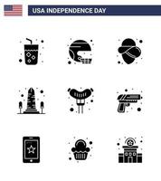 groupe de 9 glyphes solides définis pour le jour de l'indépendance des états-unis d'amérique tels que washington sight state monument hat modifiable usa day vector design elements