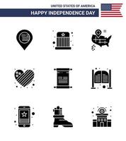joyeux jour de l'indépendance usa pack de 9 glyphes solides créatifs d'emplacement de défilement américain drapeau d'amour modifiable usa day vector design elements