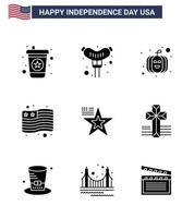 groupe de 9 glyphes solides définis pour le jour de l'indépendance des états-unis d'amérique tels que cross usa usa festival flag star modifiable usa day vector design elements