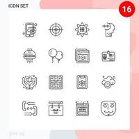 aperçu de l'interface mobile ensemble de 16 pictogrammes d'éléments de conception vectoriels modifiables d'espace de tournesol de navette ufo vecteur