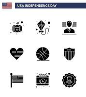 9 pack de glyphes solides des états-unis de signes et symboles du jour de l'indépendance du drapeau de sport américain drapeau de balle modifiable éléments de conception de vecteur de jour des états-unis