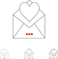 lettre carte postale lettre d'amour amour jeu d'icônes de ligne noire audacieuse et mince vecteur