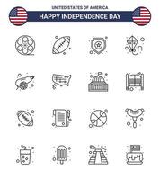 16 usa line pack de signes et symboles de la fête de l'indépendance de la guerre armée bouclier volant cerf-volant modifiable usa day vector design elements