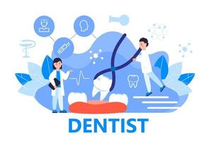 concept de vecteur de service de dentiste pour la page de destination. De minuscules dentistes font des radiographies des dents pour soulager les maux de dents, pour blanchir l'émail ou implanter la récupération. conférence en ligne pour spécialiste en dentisterie