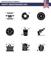 groupe de 9 glyphes solides définis pour le jour de l'indépendance des états-unis d'amérique tels que la boisson au cola dollar verre célébration modifiable usa day vector design elements