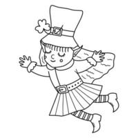 Fée drôle de vecteur noir et blanc en vêtements traditionnels et chapeau avec shamrock. jolie illustration de contour de jour de saint patrick ou page de coloriage. icône de la ligne de la fête nationale irlandaise