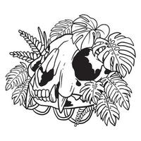 page de coloriage d'illustration de crâne de chat de plante aroïde florale vecteur