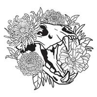 Coloriage de crâne de chat fleur de crysanthème floral vecteur