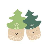 deux mignon couple d'arbres de noël amant heureux. ligne dessinée à la main joyeux noël et bonne année illustration isolée en couleur pour la célébration des vacances d'hiver vecteur