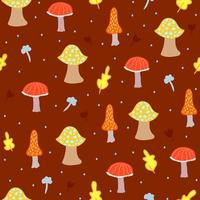 motif harmonieux dessiné à la main avec des champignons abstraits, des feuilles et des points. texture d'automne créative pour le tissu, l'emballage, le textile, la couverture et le design d'intérieur, ensemble de champignons sauvages sur fond sombre vecteur