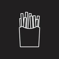 eps10 vecteur blanc fast food français frites icône isolé sur fond noir. frites frites dans un symbole d'emballage dans un style moderne simple et plat pour la conception de votre site Web, votre logo et votre application mobile