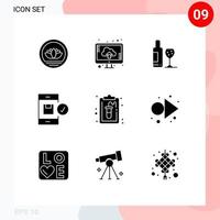 groupe de 9 glyphes solides modernes définis pour l'application de livraison de boissons de dispositif de presse-papiers éléments de conception vectoriels modifiables vecteur
