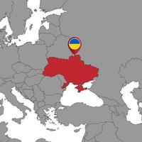 épingler la carte avec le drapeau de l'ukraine sur la carte du monde.illustration vectorielle. vecteur