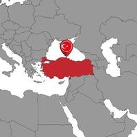 épingler la carte avec le drapeau de la Turquie sur la carte du monde. illustration vectorielle. vecteur