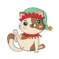 Chat de dessin animé mignon en costume de lutin de noël avec patte arrière soulevée isolé sur fond blanc vecteur