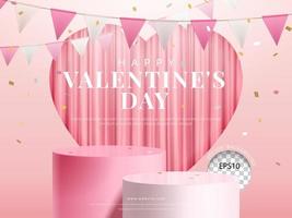 fond de la saint-valentin. podium rose en deux étapes sur fond de rideau., pour l'affichage du produit, illustration vectorielle réaliste 3d vecteur