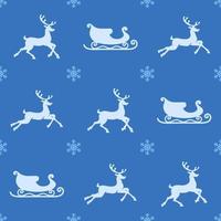 modèle sans couture de Noël. silhouettes de rennes et de traîneaux de couleur blanche sur fond bleu foncé avec des flocons de neige bleus. texture de noël vecteur