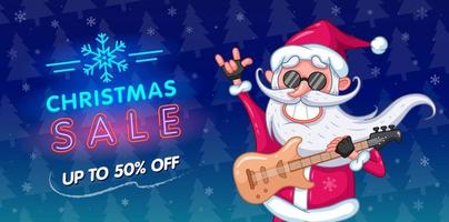 vente de noël. bannière publicitaire. cool smile santa claus avec guitare électrique et enseigne au néon lumineux. fond bleu avec des arbres de noël et des flocons de neige. illustration vectorielle de dessin animé vecteur