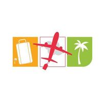 création de logo de voyage, sac de vacances, palmier et icône d'avion, voyage d'affaires, tourisme, illustration vectorielle d'avion. vecteur