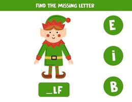 trouver la lettre manquante avec un elfe de dessin animé mignon. fiche d'orthographe. vecteur