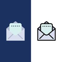 icônes de courrier de document plat et ligne remplie icône ensemble vecteur fond bleu