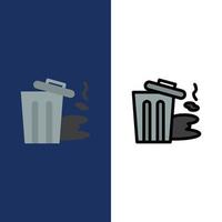 environnement ordures pollution poubelle icônes plat et ligne remplie icône ensemble vecteur fond bleu