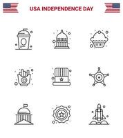 usa joyeux jour de l'indépendancepictogramme ensemble de 9 lignes simples de chips de casquette usa frites éléments de conception vectoriels modifiables rapidement usa day vecteur