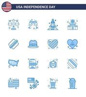 usa joyeux jour de l'indépendance ensemble de pictogrammes de 16 blues simples de la police américaine signe fusée station bâtiment modifiable usa day vector design elements