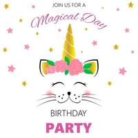 invitation d'anniversaire avec chat licorne. modèle d'invitation d'anniversaire pour enfants. joli chat licorne. illustration vectorielle vecteur