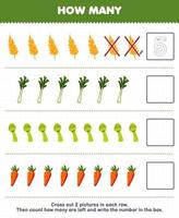 jeu éducatif pour les enfants comptez combien de dessin animé blé poireau asperge carotte et écrivez le nombre dans la boîte feuille de calcul imprimable de légumes vecteur
