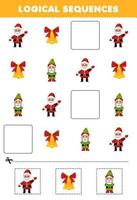 jeu éducatif pour les enfants séquences logiques pour les enfants avec dessin animé mignon santa bell gnome imprimable feuille de travail d'hiver vecteur