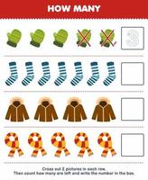 jeu d'éducation pour les enfants comptez combien dessin animé mignon mitaine chaussette veste écharpe et écrivez le nombre dans la boîte feuille de travail imprimable d'hiver vecteur