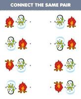 jeu éducatif pour les enfants connectez la même image de dessin animé mignon feu de joie et bonhomme de neige feuille de travail d'hiver imprimable vecteur