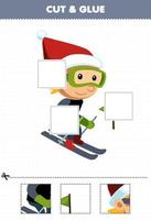 jeu éducatif pour les enfants couper et coller des parties découpées d'un garçon de dessin animé mignon jouant au ski et les coller feuille de travail d'hiver imprimable vecteur