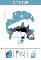 jeu éducatif pour les enfants coupez et collez des parties découpées d'ours polaire de dessin animé mignon devant la tanière et collez-les feuille de travail d'hiver imprimable vecteur
