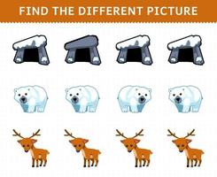 jeu éducatif pour les enfants trouver l'image différente dans chaque rangée de dessin animé mignon ours polaire cerf feuille de travail imprimable d'hiver vecteur