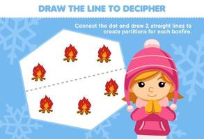 jeu éducatif pour les enfants aidez la fille à tracer les lignes pour séparer la feuille de travail imprimable d'hiver de feu de joie vecteur