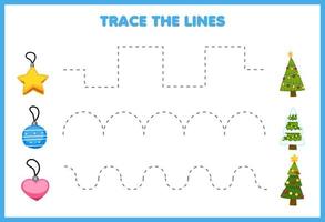 jeu éducatif pour les enfants pratique de l'écriture manuscrite tracer les lignes avec un ornement de forme de dessin animé mignon passer à la feuille de travail d'hiver de l'arbre de noël vecteur