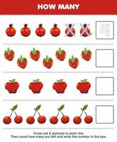 jeu éducatif pour les enfants compter combien de dessin animé grenade fraise pomme cerise et écrire le nombre dans la boîte feuille de travail imprimable sur les fruits vecteur