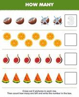 jeu éducatif pour les enfants comptez combien de dessin animé noix de coco orange figue pastèque et écrivez le nombre dans la boîte feuille de travail imprimable sur les fruits vecteur